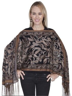 Boho Brown Paisley Sheer Burnout Wrap - Long Tassel Fringe Poncho